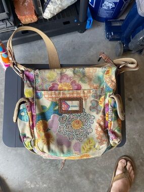 Fossil Floral Canvas Crossbody Bag in Cream, Yellow, Pink, Blue, Green